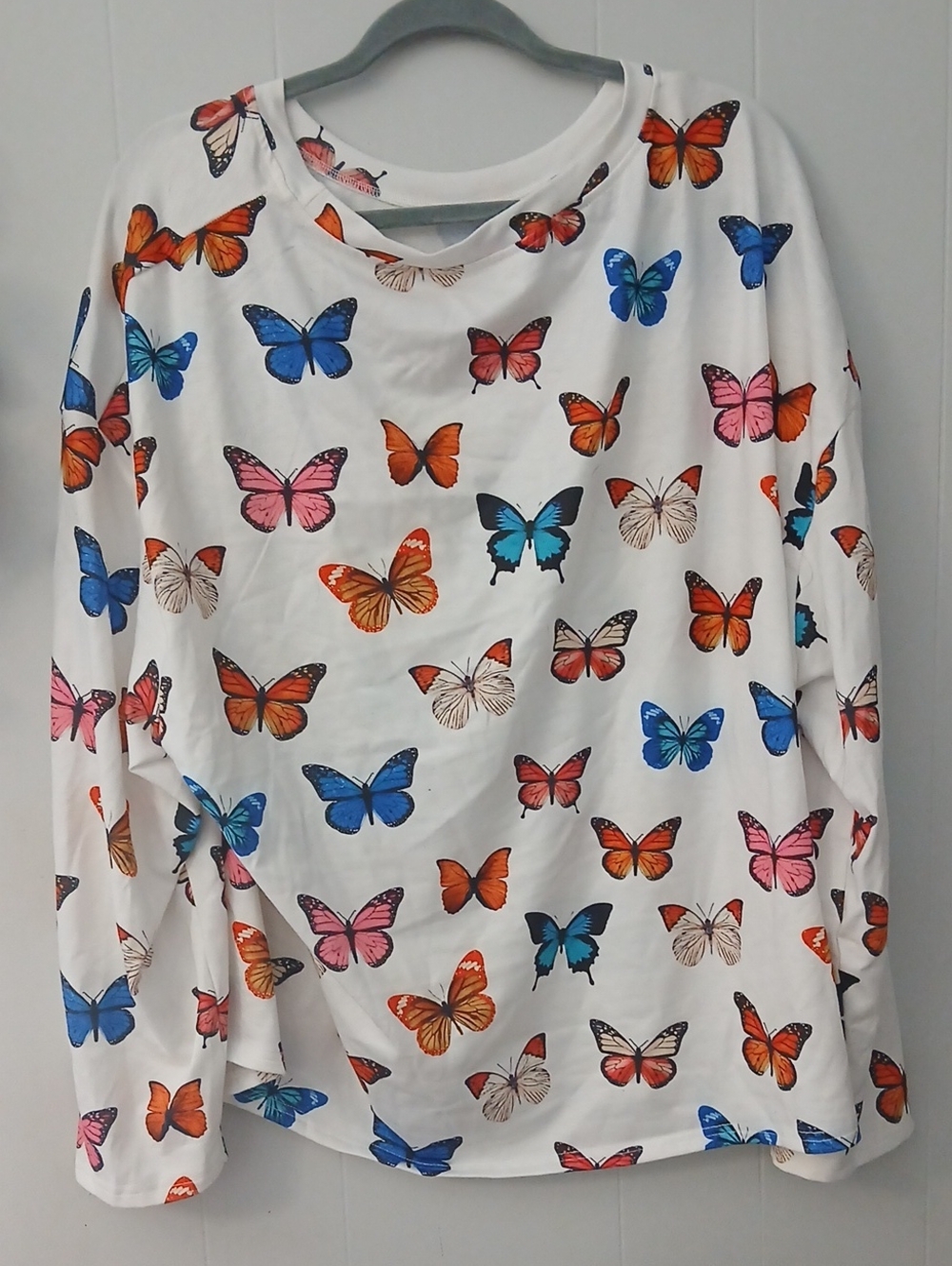 SHEIN White Long Sleeve Top with Blue, Orange, Pink & Cream Butterflies - Picture 4 of 5